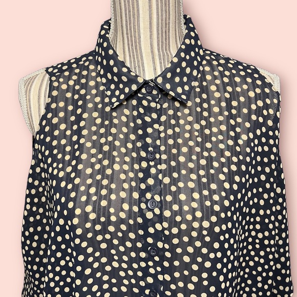 Navy Open Shoulder Button Down Blouse w/ Cream Polkadots - Picture 2 of 12